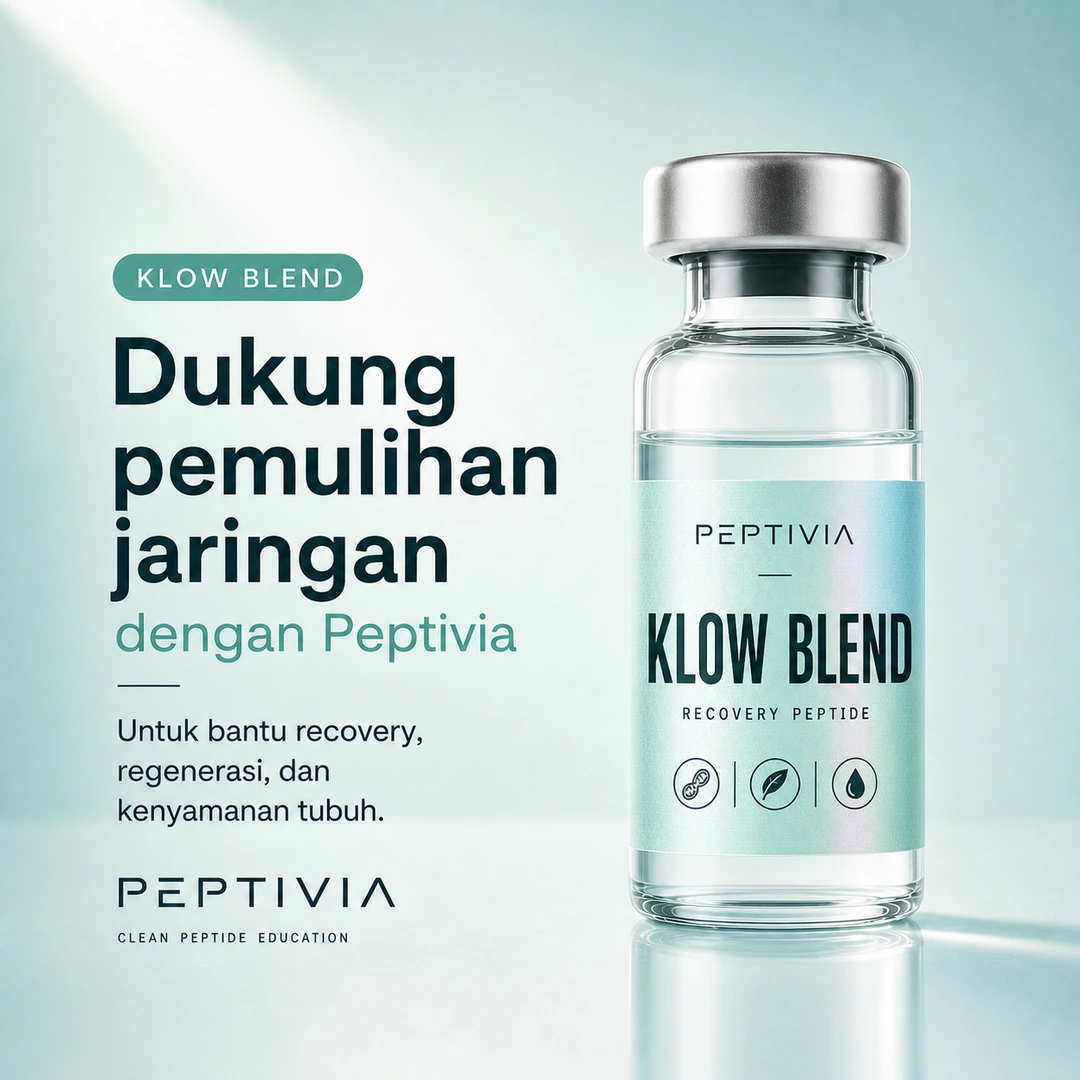 Vial Peptivia KLOW Blend, poster bertema teal dengan headline Dukung pemulihan jaringan