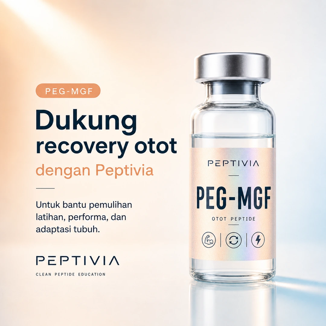 Vial Peptivia PEG-MGF, poster bertema apricot dengan headline Dukung recovery otot