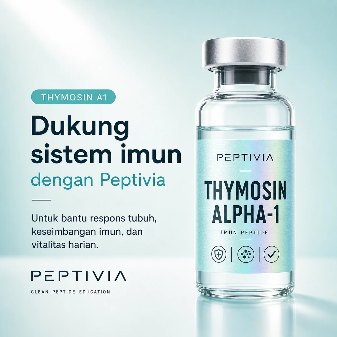 Vial Peptivia Thymosin Alpha-1, poster bertema blue green dengan headline Dukung sistem imun