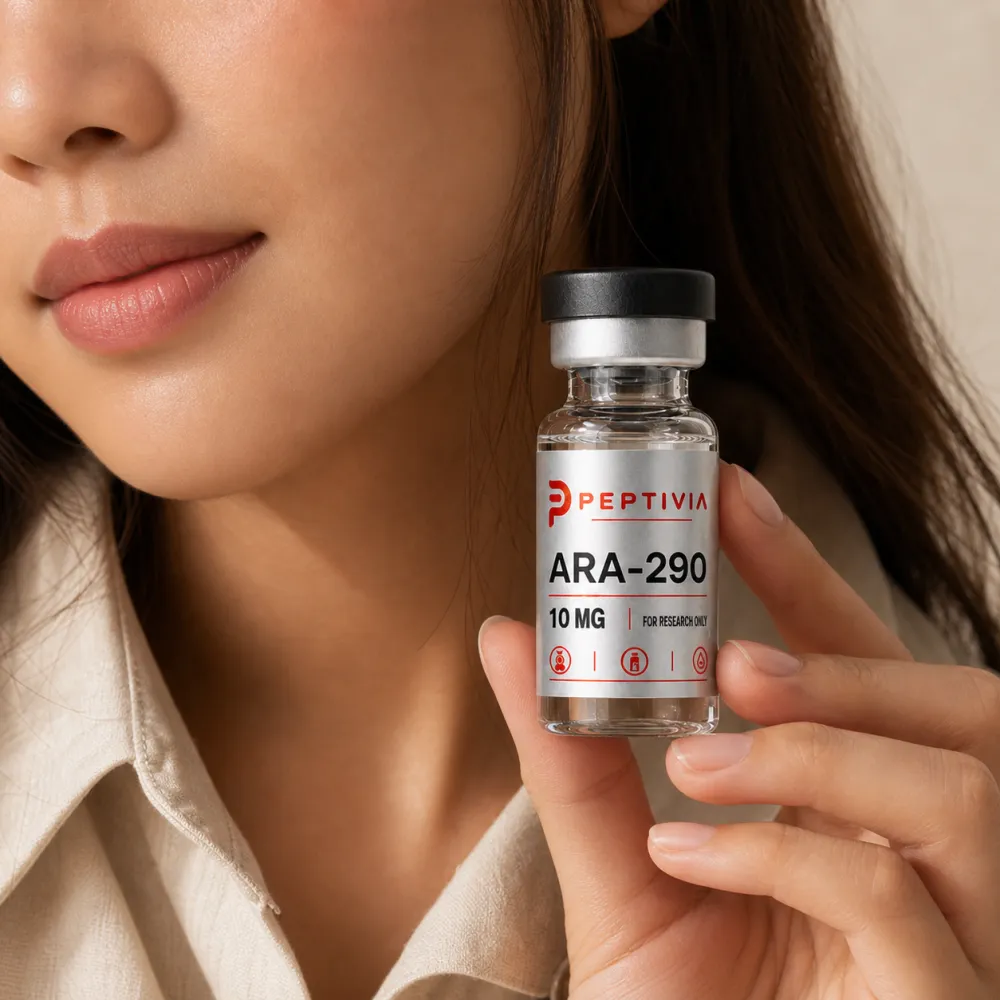 Vial Peptivia ARA-290 dipegang di dekat wajah, label perak dengan wordmark merah