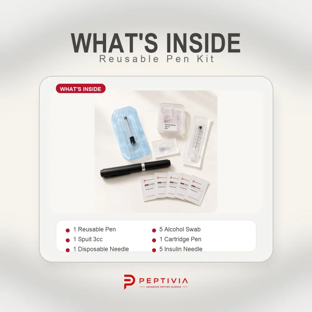 Isi Reusable Pen Kit Peptivia: 1x Reusable Pen, 1x Cartridge Pen, 1x Spuit 3cc, 1x Disposable Needle, 5x Insulin Needle, 5x Alcohol Swab