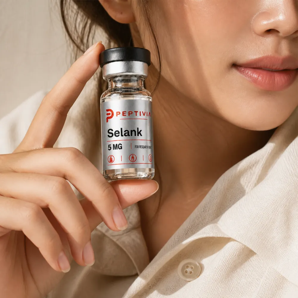 Vial Peptivia Selank dipegang di dekat wajah, label perak dengan wordmark merah