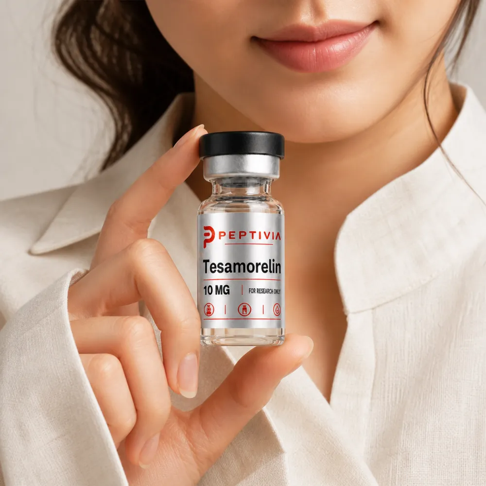 Vial Peptivia Tesamorelin dipegang di dekat wajah, label perak dengan wordmark merah